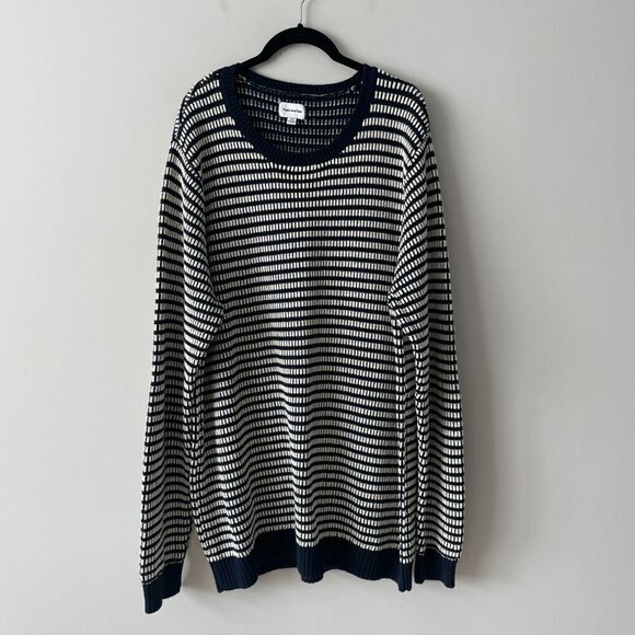 Frank And Oak Crochet Knit Sweater Round Neck Striped Pattern Blue White XXL - Picture 2 of 8